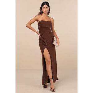 Lulus Epitome Of Allure Brown Mesh Strapless Ruched Maxi Dress - Size M